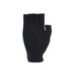 Single black knitted fingerless glove with ribbed cuff and short cut-off finger openings, shown flat against a white background.