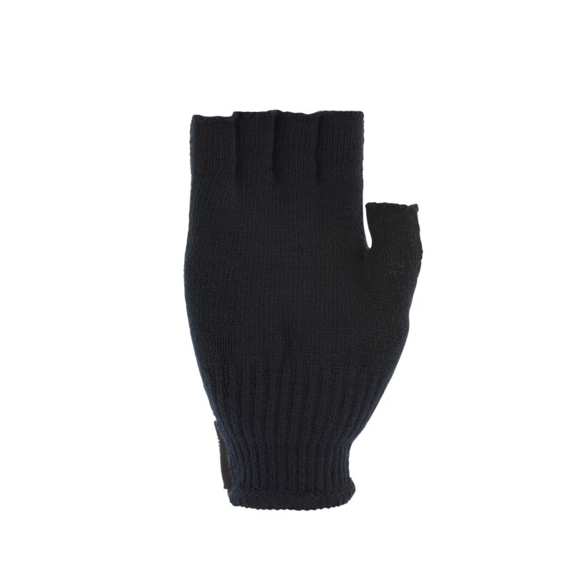 Single black knitted fingerless glove with ribbed cuff and short cut-off finger openings, shown flat against a white background.