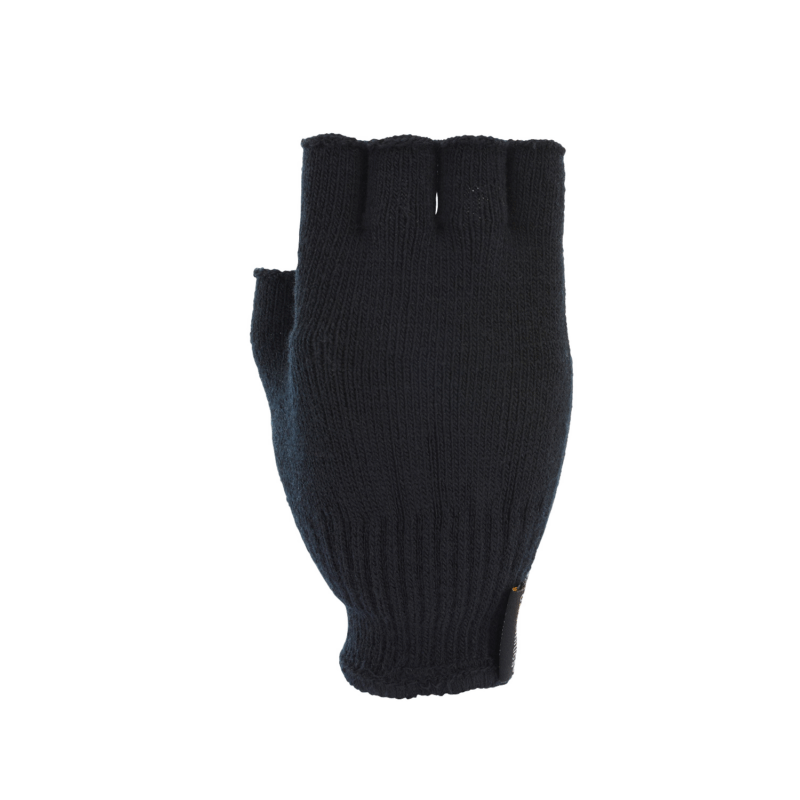 Black knitted fingerless glove with a ribbed wrist cuff and short finger openings, photographed flat on a white background.