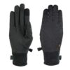 Pair of charcoal-grey touchscreen winter gloves laid flat on a white background — left glove showing the palm with reinforced thumb and touchscreen-enabled index fingertip, right glove showing the back with a subtle logo, ribbed knit cuffs and a small clip to fasten them together.
