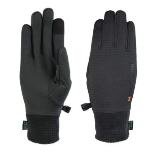 Flux-Glove-3.jpg Pair of charcoal-grey touchscreen winter gloves laid flat on a white background — left glove showing the palm with reinforced thumb and touchscreen-enabled index fingertip, right glove showing the back with a subtle logo, ribbed knit cuffs and a small clip to fasten them together.
