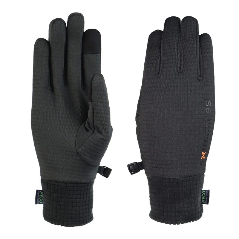 Pair of charcoal-grey touchscreen winter gloves laid flat on a white background — left glove showing the palm with reinforced thumb and touchscreen-enabled index fingertip, right glove showing the back with a subtle logo, ribbed knit cuffs and a small clip to fasten them together.