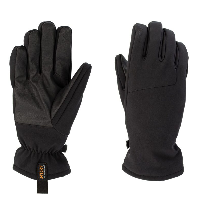 Pair of black insulated winter gloves shown palm-side up and back-side up, featuring a textured synthetic grip on the palm, elasticated wrists and a small XDRY branded fabric tag.