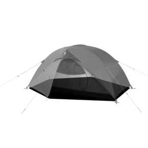 Foehn-2-1500x1500-1-1.jpg Grey dome-style camping tent with rainfly and a partially open zip door revealing the mesh inner tent, set up with guylines and pegged corners on a plain white background.