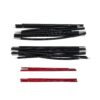 Sets of segmented collapsible tent poles laid flat—two bundled rows of black aluminium sections with silver ferrules and two shorter red aluminium sections, each showing small pin connectors