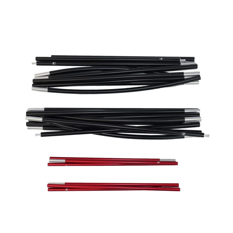 Sets of segmented collapsible tent poles laid flat—two bundled rows of black aluminium sections with silver ferrules and two shorter red aluminium sections, each showing small pin connectors