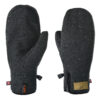 Pair of dark charcoal speckled knit mittens laid flat, each with a reinforced black faux‑leather palm patch, separate thumb gusset, small clip connector and a zippered cuff with stitched brand tags.