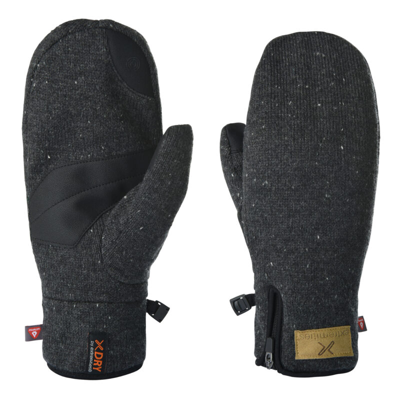 Pair of dark charcoal speckled knit mittens laid flat, each with a reinforced black faux‑leather palm patch, separate thumb gusset, small clip connector and a zippered cuff with stitched brand tags.