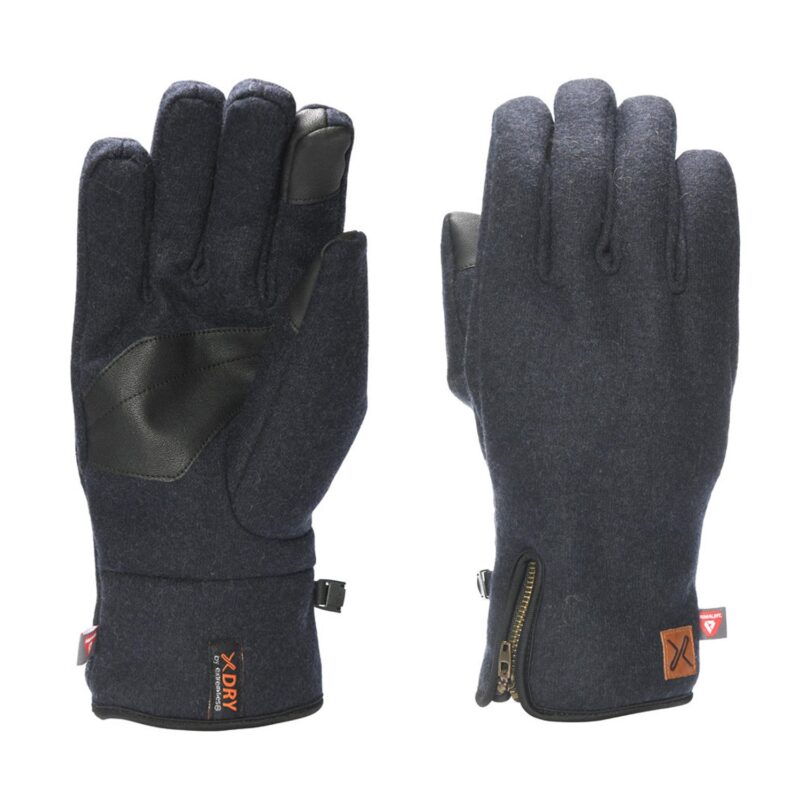 Pair of dark charcoal winter gloves, left glove palm-up showing a black leather palm patch and reinforced thumb, right glove back-up featuring a short zippered cuff and small leather brand tag.