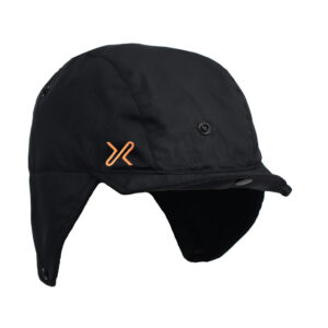 Black waterproof winter hat with ear flaps and an orange logo, designed for cold weather protection and outdoor activities.