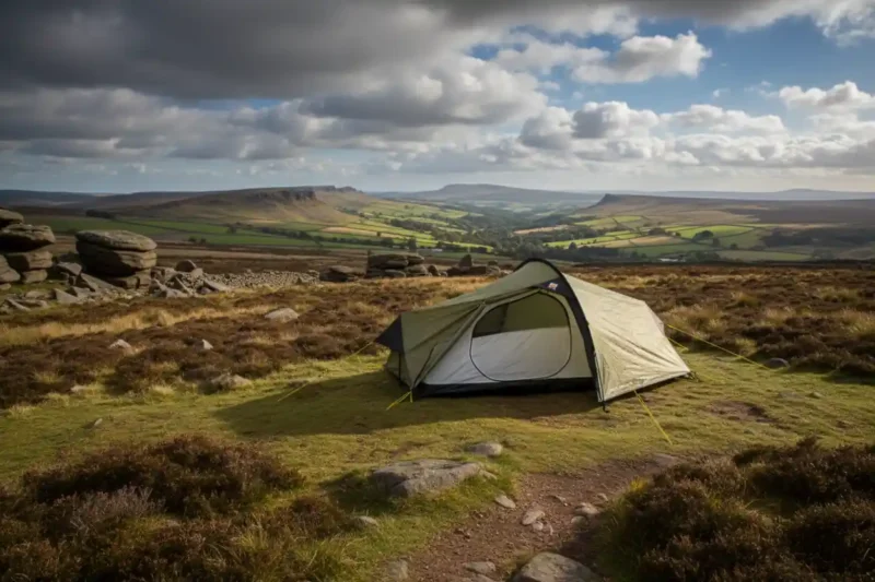 Scenic view of a camping tent set up on a grassy hillside, surrounded by rocky formations and rolling green fields under a cloudy sky, ideal for outdoor enthusiasts and nature lovers.
