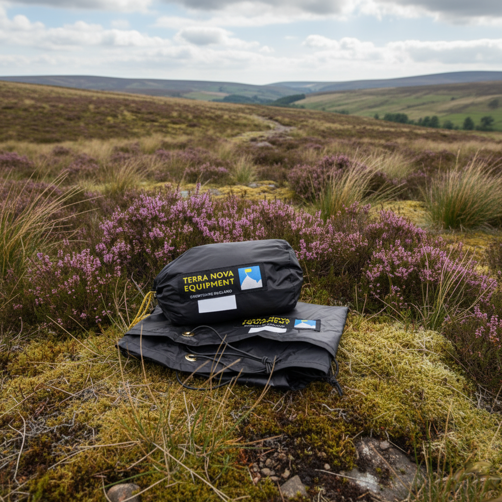 Terra Nova camping gear displayed on a mossy landscape with purple heather, showcasing high-quality outdoor equipment in a scenic countryside setting.
