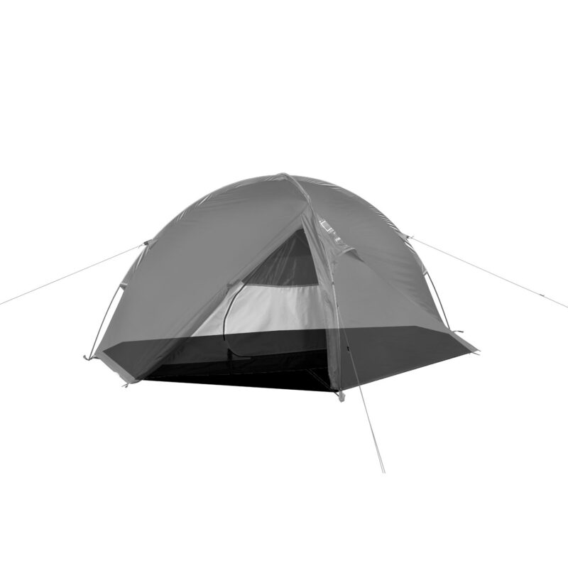 Grey dome-style camping tent with front fly partially opened to show inner mesh door and black groundsheet, supported by crossed poles and pegged out with guy lines on a plain white background.