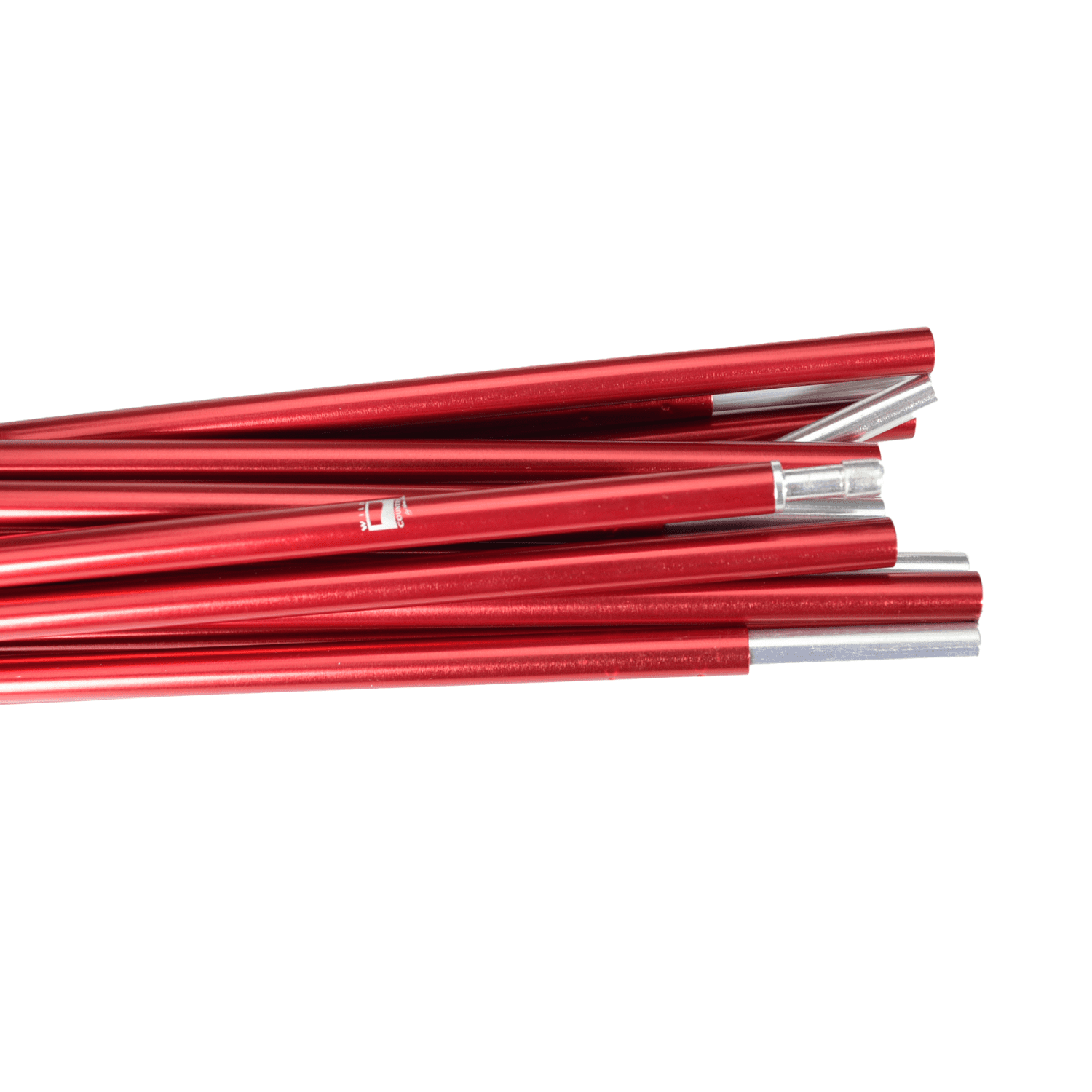 Stack of red anodised aluminium tent-pole sections with silver connector ends arranged horizontally on a white background