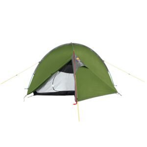 Green dome camping tent with an open front flap revealing a white-and-black inner tent, grey trim, yellow guy lines and red pole accents on a plain white background.