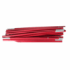 Bundle of collapsed red aluminium tent poles with silver ferrules and hinged sections, stacked horizontally on a white background