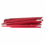 Bundle of collapsed red aluminium tent poles with silver ferrules and hinged sections, stacked horizontally on a white background