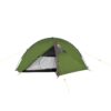 Green dome camping tent for two with a grey inner tent and partially opened mesh door, red-trimmed front zip and yellow guy lines staked out on a white background