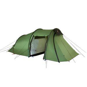 Green tunnel-style camping tent with an open central doorway showing a light-coloured inner sleeping compartment and an extended front vestibule, held taut by black poles and guylines