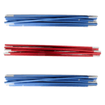 Three horizontal bundles of collapsible aluminium tent poles on a white background — blue bundles at top and bottom and a red bundle in the centre, with silver connecting ferrules visible.