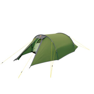 Green tunnel-style camping tent with grey trim and bright yellow guy lines, front vestibule partially open to reveal the inner door, shown against a plain white background.