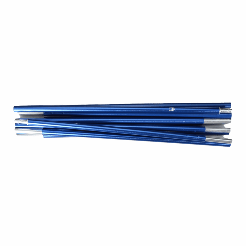 Several blue anodised collapsible aluminium tent poles with silver end connectors stacked side by side on a white background.