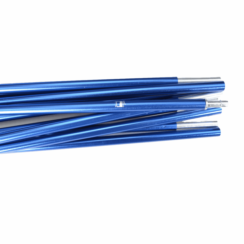 Several blue anodised aluminium telescopic poles with silver ferrule ends stacked horizontally on a white background.