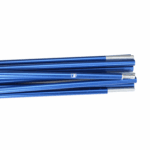 Stack of metallic blue aluminium poles with silver connector ends, arranged diagonally on a white background
