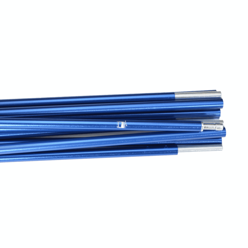 Stack of metallic blue aluminium poles with silver connector ends, arranged diagonally on a white background