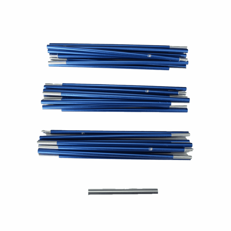 Three horizontal bundles of blue aluminium tent-pole sections with silver connector ends and a single short silver pole centered below on a white background.