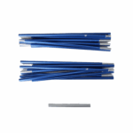 Several blue anodised metal rod segments with silver connector ends arranged in two stacked bundles and one single segment on a white background.
