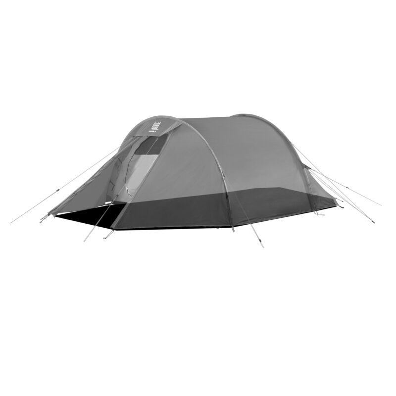 Grey tunnel-style camping tent with an open front doorway, low-profile rainfly and tensioned guy lines, shown isolated on a white background