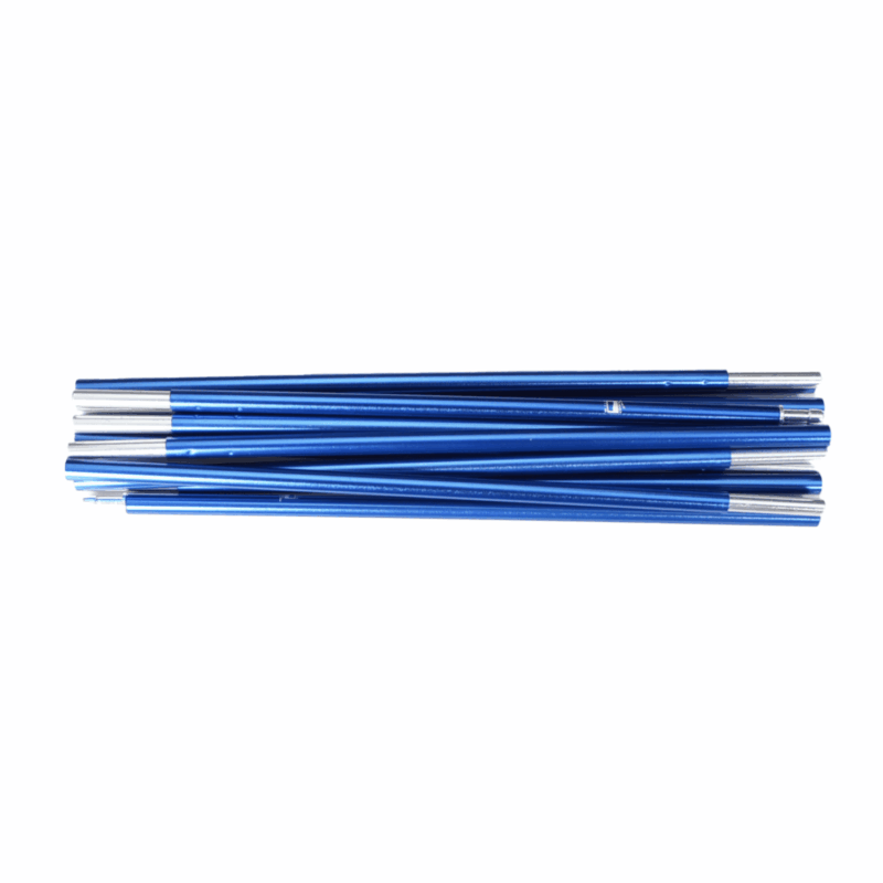 Bundle of blue collapsible aluminium tent-pole sections with silver ferrules arranged horizontally on a white background