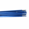 Bundle of blue anodised aluminium tent poles with silver metal ferrules arranged diagonally on a white background