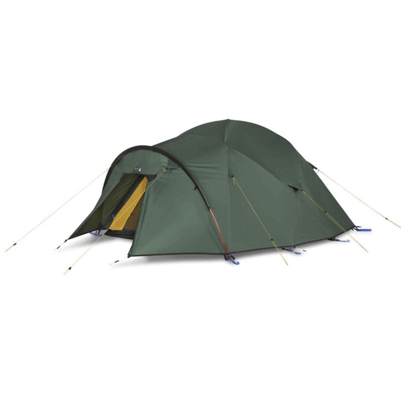 Green dome-style camping tent with a curved front entrance partly open to reveal a yellow inner door, supported by black poles and taut guy lines pegged with blue anchors on a white background.