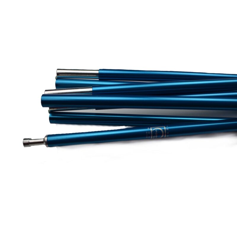Collapsed metallic blue tent poles with silver connector tips stacked horizontally on a white background.