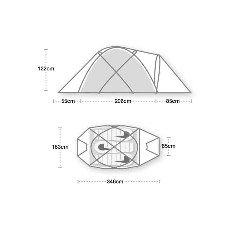 Technical diagram with side and top views of a tunnel-style two-person tent showing crossed pole structure and dimensions: overall length 346 cm, central sleeping area 206 cm, left vestibule 55 cm, right vestibule 85 cm, internal width 183 cm and peak height 122 cm; top view shows two side-by-side sleeping mats.