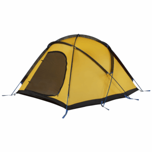 Yellow dome camping tent with a black base and mesh entrance, supported by crossed black poles with blue accents and tie-down guylines, shown against a white background.