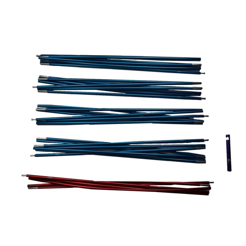 Multiple blue and one red sets of telescopic aluminium tent pole segments arranged in horizontal rows on a white background, with a small blue connector/repair tool at the right.