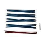 Disassembled collapsible tent poles: four bundles of metallic blue aluminium segments and one bundle of red segments arranged horizontally on a white background with a small dark blue connector piece at right.