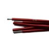 Red anodised aluminium tent pole segments with silver metal ferrules overlapped on a white background.