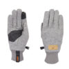 Gray outdoor gloves with a textured palm for enhanced grip, featuring a thumb patch and a branded tag. Ideal for cold weather activities and versatile use.