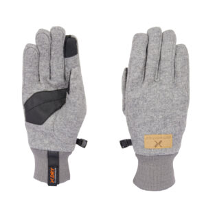 Gray outdoor gloves with a textured palm for enhanced grip, featuring a thumb patch and a branded tag. Ideal for cold weather activities and versatile use.