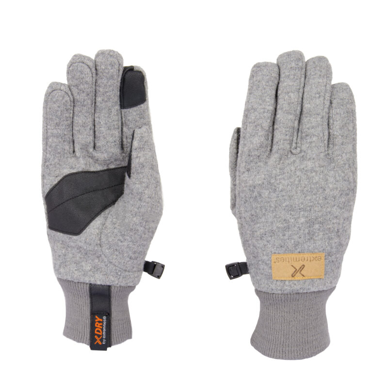 Gray outdoor gloves with a textured palm for enhanced grip, featuring a thumb patch and a branded tag. Ideal for cold weather activities and versatile use.