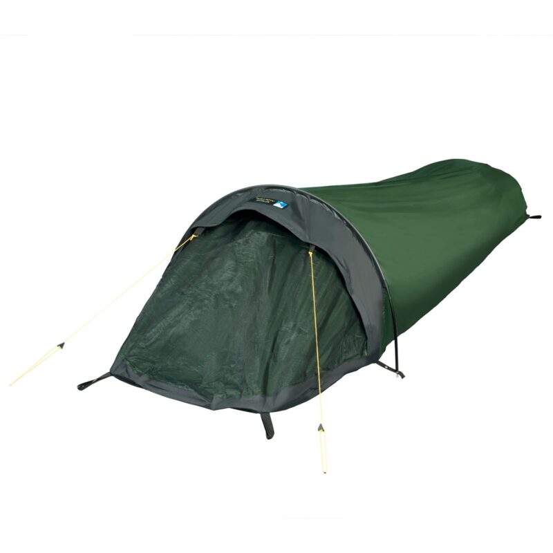 Green single-person bivvy tent with a tapered mummy shape and dark grey hood, showing a mesh front entrance, curved pole support and yellow guy lines.