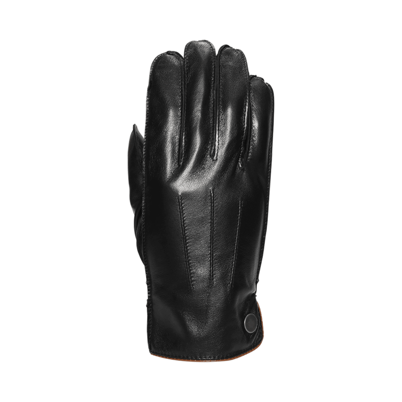 Black smooth leather glove shown with the back of the hand visible, three vertical stitched decorative lines and a snap-button cuff with a brown-trimmed edge