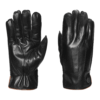 Pair of black leather gloves laid flat on a white background, left glove showing the palm with gathered wrist and stitched finger details, right glove showing the back with three decorative seams and a small snap at the cuff with brown trim visible
