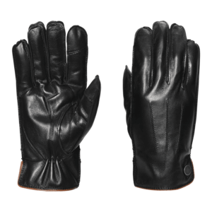 Pair of black leather gloves laid flat on a white background, left glove showing the palm with gathered wrist and stitched finger details, right glove showing the back with three decorative seams and a small snap at the cuff with brown trim visible