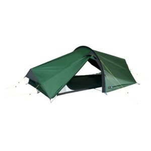 Low-profile dark green two-person tunnel tent with black trim and single arched pole, partially open doorway revealing the black inner groundsheet and secured with yellow guy lines on a white background.