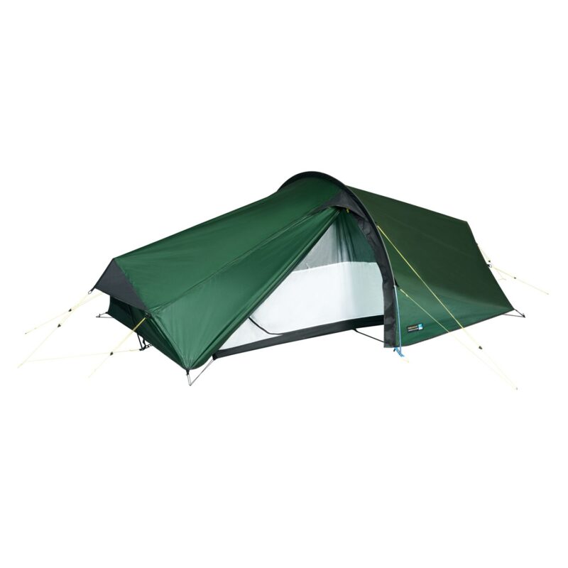 Low-profile dark green tunnel-style backpacking tent with a partially open front fly revealing a white mesh inner body, supported by black poles and visible yellow guy lines on a plain white background.